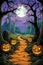 Halloween background spooky scene, creepy pumpkins on scary graveyard.