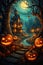 Halloween background spooky scene, creepy pumpkins on scary graveyard.