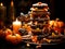 Halloween background with stacks of cookies and candy