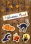 Halloween background with stickers, text and festoon on wood