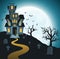 Halloween background with tombs, trees, bats, tombstones.