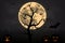 Halloween background with tree, full Moon and pumpkins in dark night isolated. Halloween moon, scary