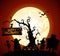 Halloween background with witch, skeleton and monster silhouette