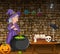 Halloween background with witch stirring magic potion