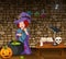 Halloween background with witch stirring magic potion