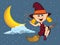 Halloween background with witches flying using broom stick cartoon