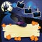 Halloween background with wooden sign, witch`s hat and photo fra