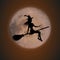 Halloween background. Young witch flying on a broomstick on the background of the full moon. Vector