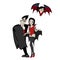 Halloween backgrounds with vampire family couple - man, girl and baby bat, Draculas monster in cloak flat vector