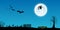Halloween banner background with cemetery, bats, flying witch and full moon