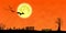 Halloween banner background with cemetery, bats, flying witch and full moon