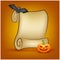 Halloween banner, card with empty paper scroll and pumpkin, bat. Blank ancient scroll of parchment wallpaper, background.