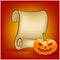 Halloween banner, card with empty paper scroll and pumpkin. Blank ancient scroll of parchment wallpaper, background. Poster or bro