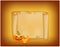 Halloween banner, card with empty paper scroll and pumpkin. Blank ancient scroll of parchment wallpaper, background. Poster or bro