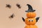 Halloween banner, cute pumpkins with eyes and funny faces. Witch hat. Set pumpkin monsters