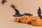 Halloween banner, cute pumpkins with googly eyes. Witch hat. Set orange pumpkin monsters