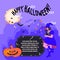 Halloween banner or party invitation with witch and pumpkin vector illustration.