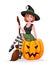 Halloween. Beautiful witch sitting on pumpkin