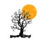 Halloween black big tree and orange moon,water color painting picture