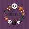 Halloween black cat pumpkin and skull wreath on purple background