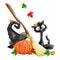 Halloween black cat, pumpkin, whist, witch hat, autumn leaves