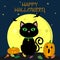 The Halloween black cat sits against the full moon at night. Nearby are two pumpkins, sweets and leaves, volatile vampires and sta