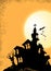 Halloween Black Haunted House Silhouette on Hill with Bats and Night Moon