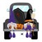 Halloween black pickup truck with gnomes, coffin, pumpkin lantern on white background