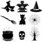 Halloween Black Silhouette Characters and Objects Isolated on white