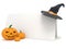 Halloween blank card, with witch hat and Jack O Lantern pumpkins. 3D render