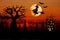 Halloween bloody red sunset background with bats, full moon and flying witch