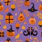 Halloween bright seamless vector pattern. Pumpkin jack-o-lantern, witch hat, striped stockings, shoes, lollipop, gifts