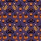 Halloween bright seamless vector pattern. Pumpkin jack-o-lantern, witch hat, striped stockings, shoes, lollipop, gifts