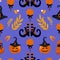 Halloween bright seamless vector pattern. Pumpkin jack-o-lantern, witch hat, striped stockings, shoes, lollipop, gifts