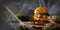 Halloween Burger banner. Halloween party creative burger concept with big beef patties with pumpkin head rolls, tomato and pepper