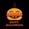 Halloween burger banner. Happy halloween text. Halloween poster with burger monster. Isolated icon hamburger orange color