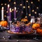 Halloween cake in orange, purple and black colors on halloween background