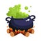 Halloween caldron, cauldron with boiling green potion on wood fire