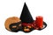Halloween candies with candle and pumpkin