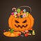 Halloween candies in pumpkin bag. Sweet lollipop candy for kids. Trick or treat, isolated children sweets vector