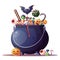 Halloween candies in witches cauldron. Halloween October pot with sweets, lollipops. Flat vector illustration isolated