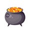 Halloween candy corn in witches cauldron. Vector illustration.