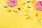 Halloween candy.Halloween holidays on yellow background, colorful decoration toys, baby sweets, donuts, marmalade. trick or treat