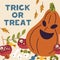 Halloween card with creepy pumpkin. Trick or Treat postcard design template for October holiday night, Helloween for