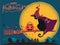 Halloween card with cute black cat riding on a witch broom