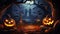 Halloween card in forest with wooden sign board   graveyard at night with pumpkins and skeletons