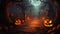 Halloween card in forest with wooden sign board   graveyard at night with pumpkins and skeletons