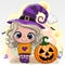 Halloween card with girl in a hat of witch on a yellow background