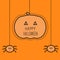 Halloween card with hanging pumpkin and two spiders. Dash line. Flat design.