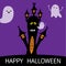 Halloween card. Haunted house silhouette with eyes, windows and flying transparent ghost spirit. Boo Funny Cute cartoon baby chara